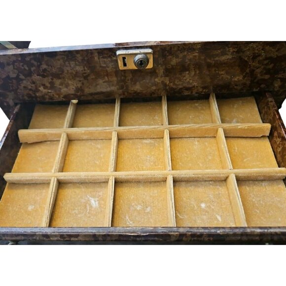 Vtg Jewelry Box Tri Fold Velvet Lined Gold Brown Marble Vinyl Mid Century - Picture 14 of 16